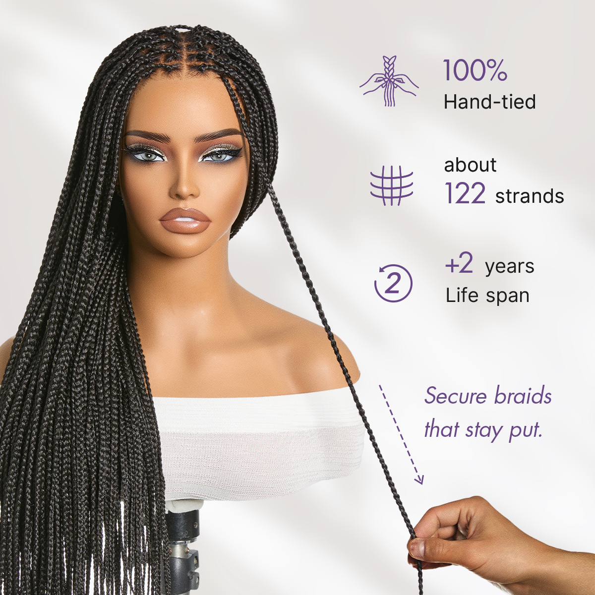 Luvme Hair OwnScalp™ braided wig with full HD lace, knotless box braids, and a realistic scalp look on a flexible drawstring cap