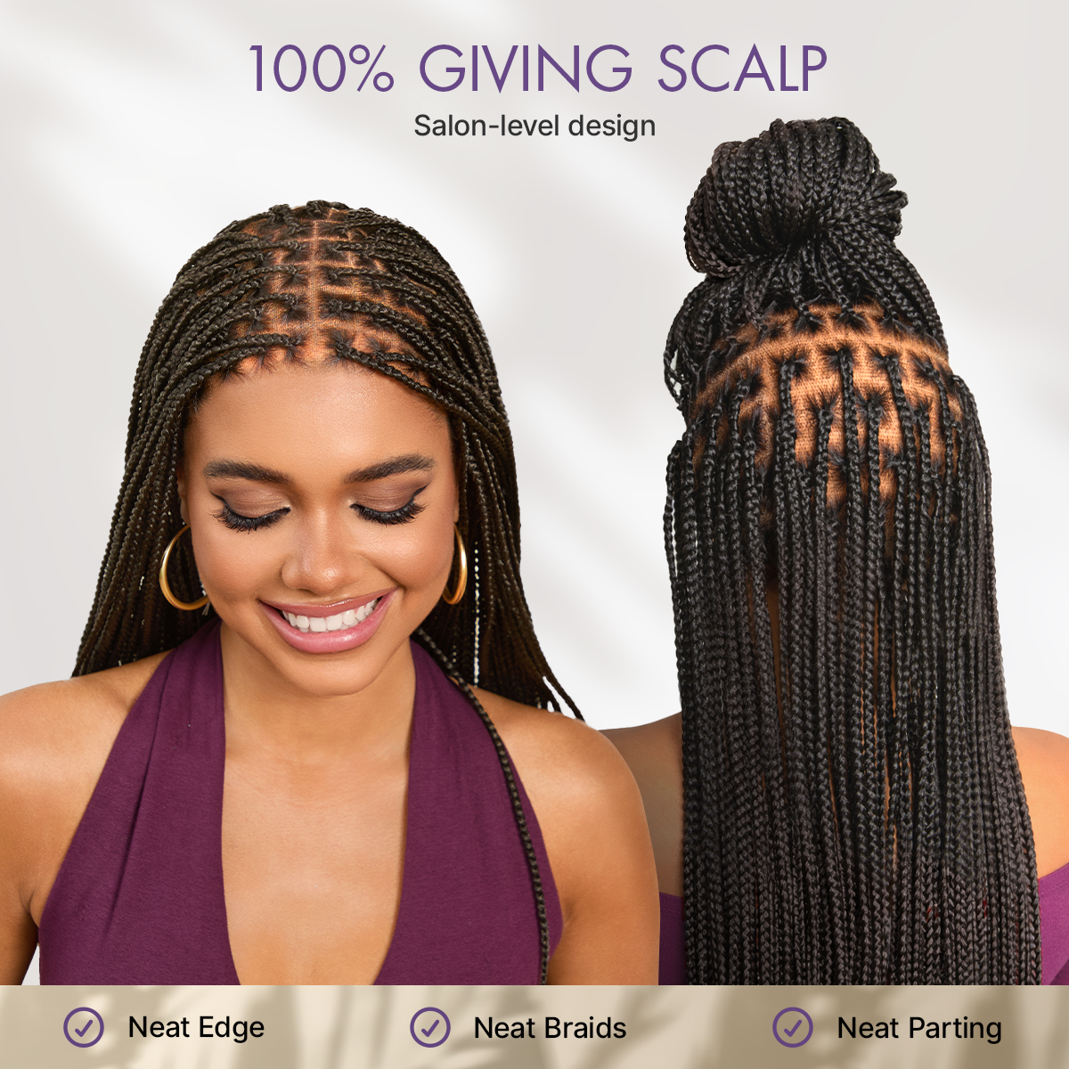 Luvme Hair OwnScalp™ lightweight lace knotless box braided wig with realistic scalp look, full HD braids, and flexible drawstring cap.