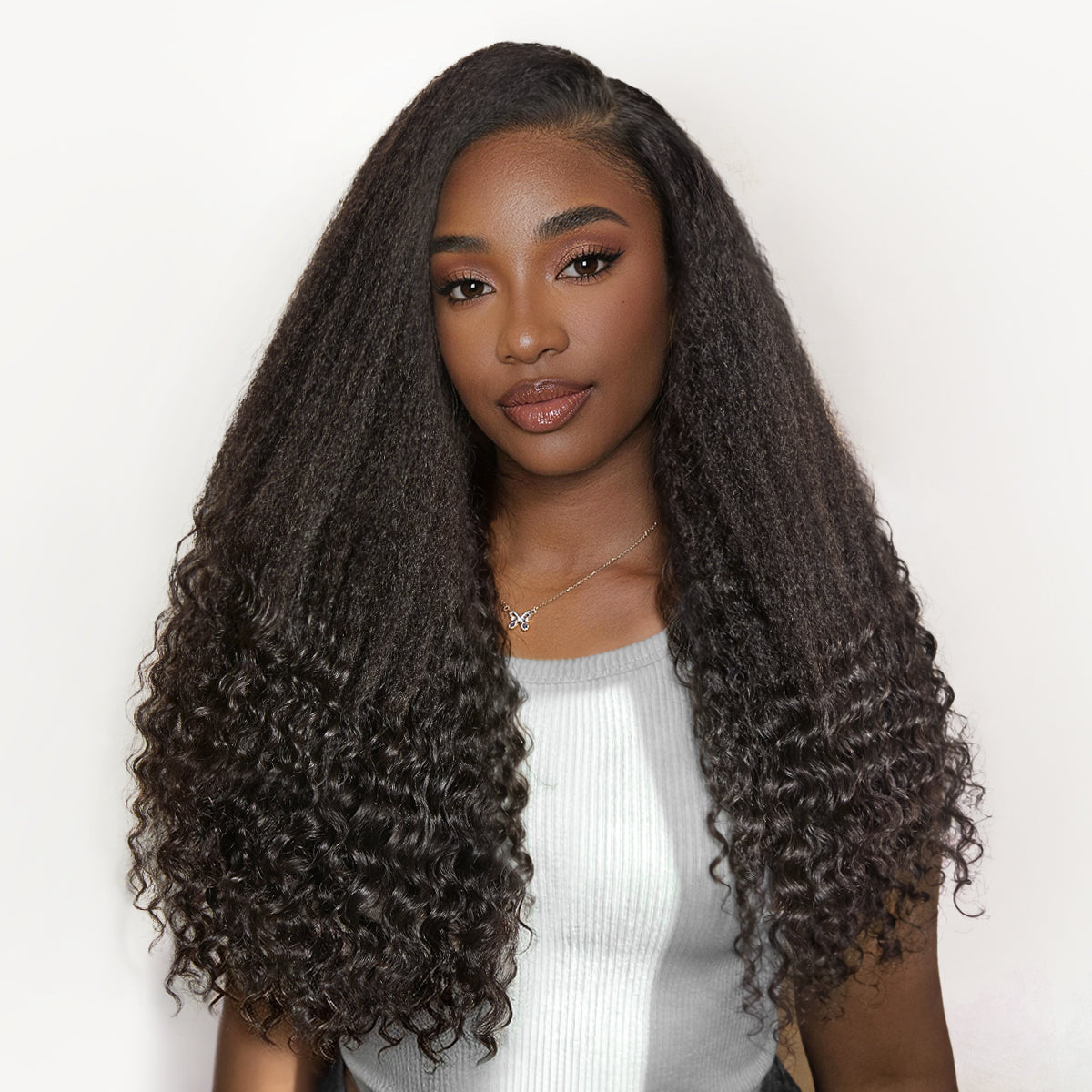 Luvme Hair all-day comfort kinky straight to curly glueless lace wig with 7x6 closure, natural black parting, pre-cut HD lace