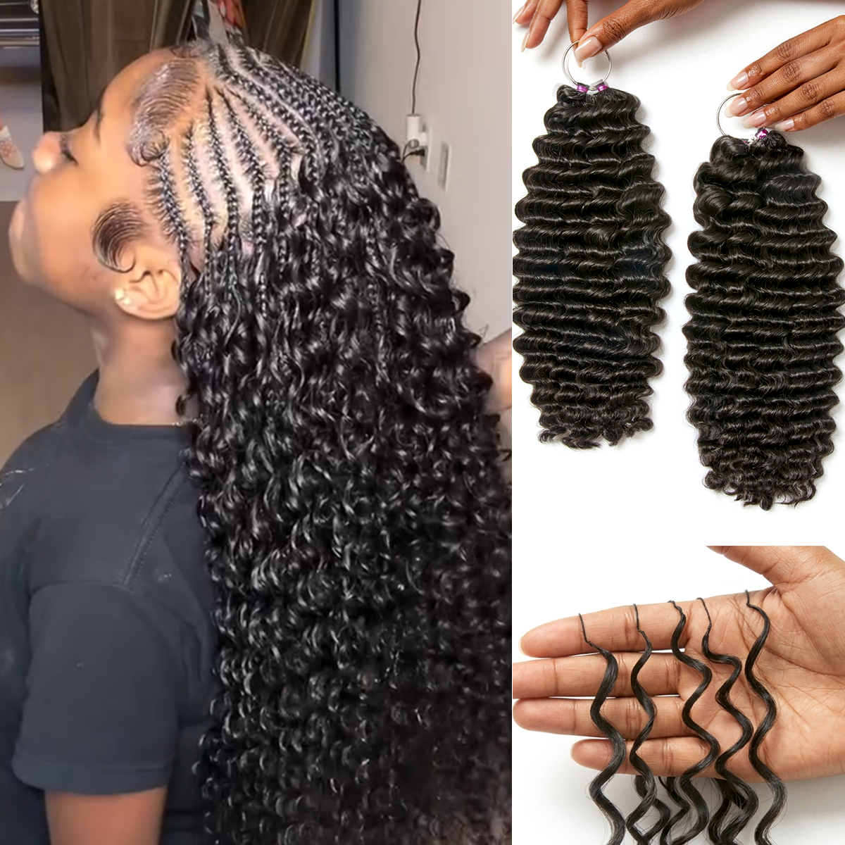 Luvme Hair Readitress™ reusable feather crochet extensions in deep wave, kinky straight, and Burmese curly styles with free gifts