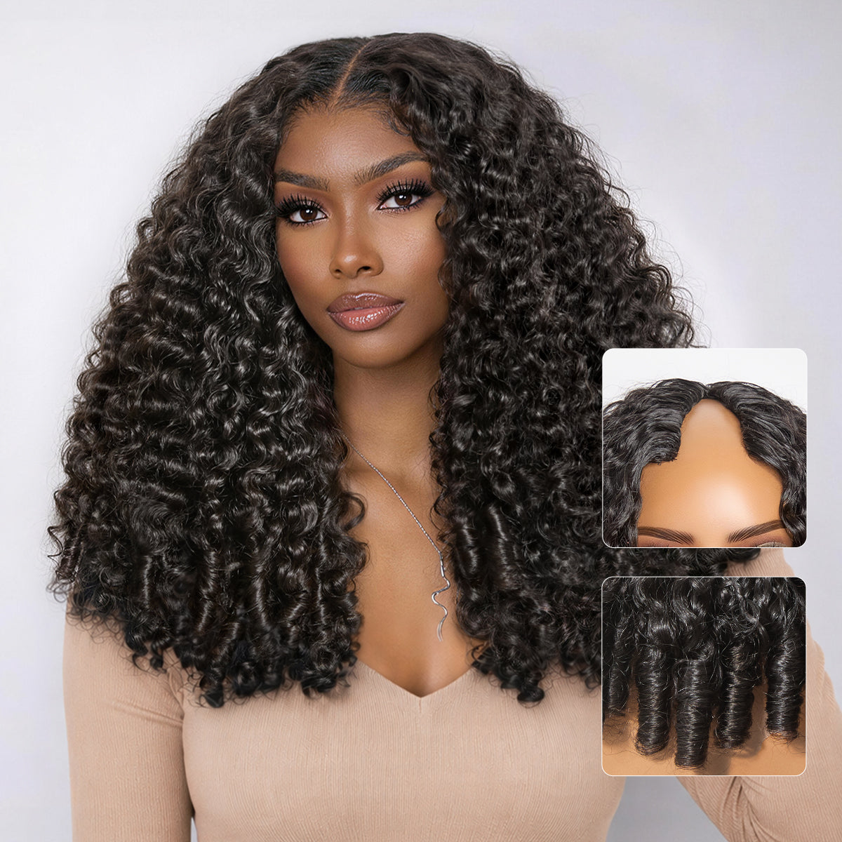 True Scalp V Part 180% Density Burmese Curly Finger Coil Ends Glueless Human Hair Wig with Flexi-Fit Drawstring-01