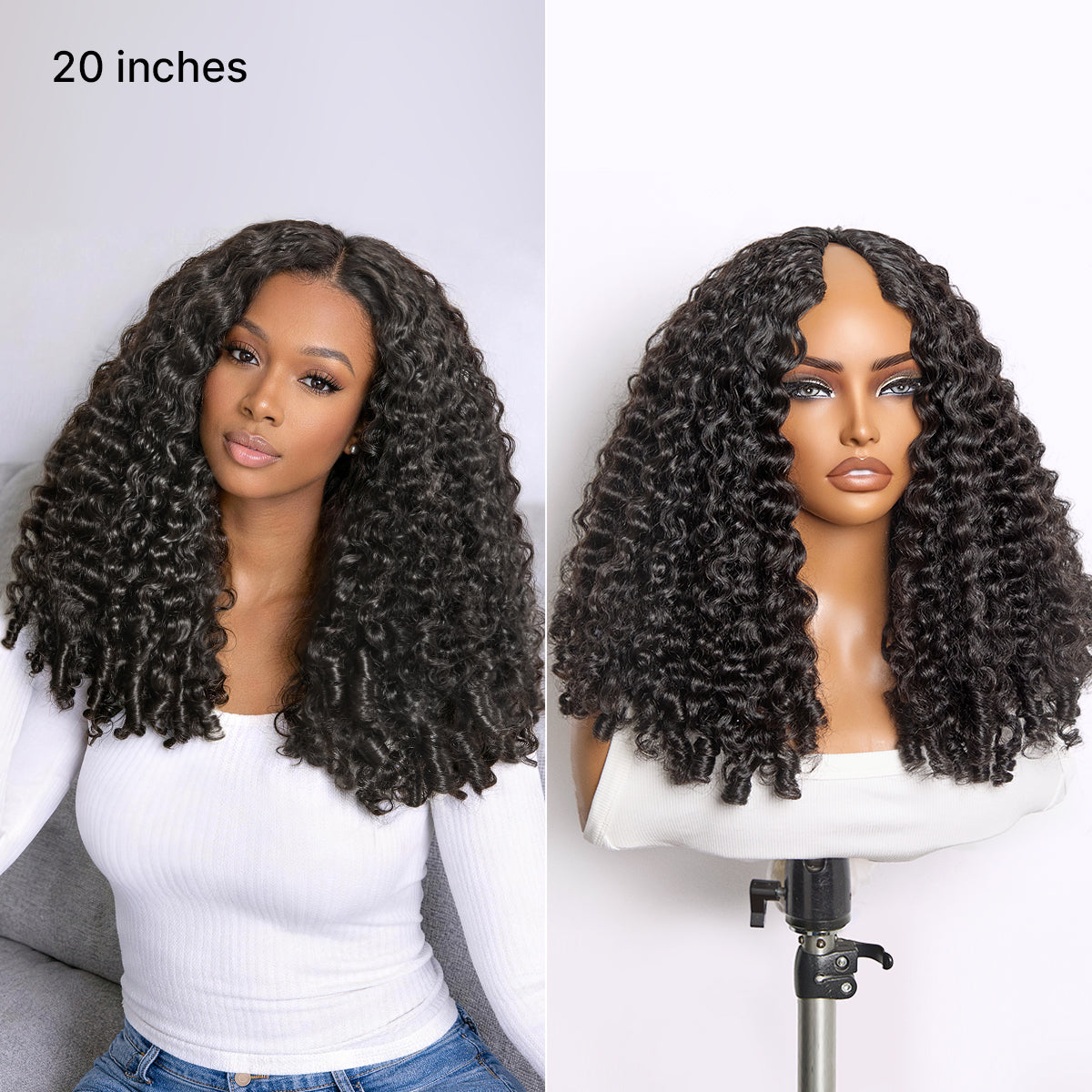 Luvme Hair Burmese curly human hair wig with V part, 180% density, finger coil ends, glueless design, flexible drawstring fit