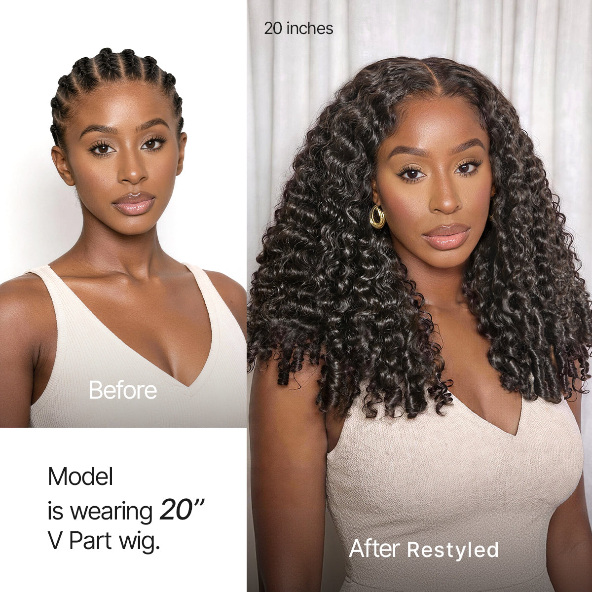 Luvme Hair Burmese curly V part human wig with finger coil ends, 180% density, glueless design, flexi-fit drawstring for comfortable wear.