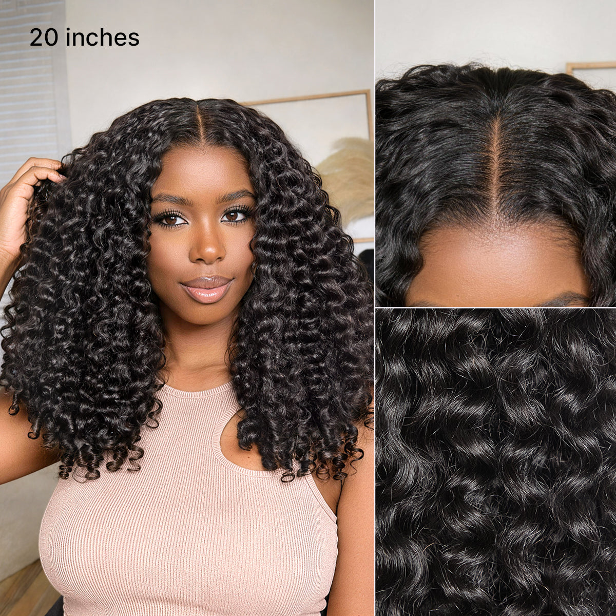 Luvme Hair Burmese curly finger coil ends human hair wig with V-part, high density, glueless design, and flexi-fit drawstring.
