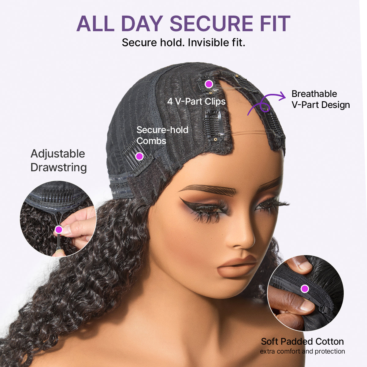 Luvme Hair Burmese curly human hair wig with V part, 180% density, finger coil ends, glueless design, flexi-fit drawstring.