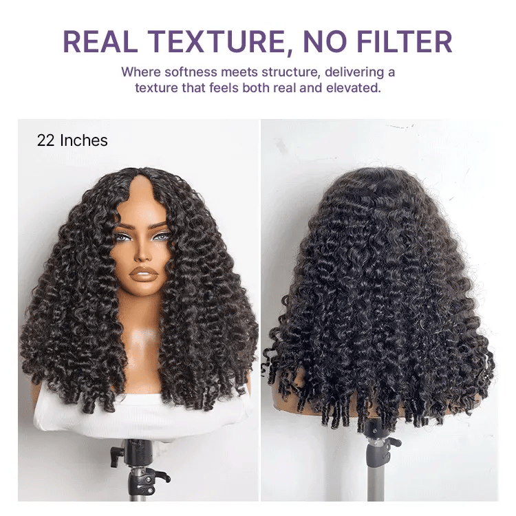 Luvme Hair Burmese curly human hair wig with V part, finger coil ends, glueless design, flexi-fit drawstring, 180% density for new customers