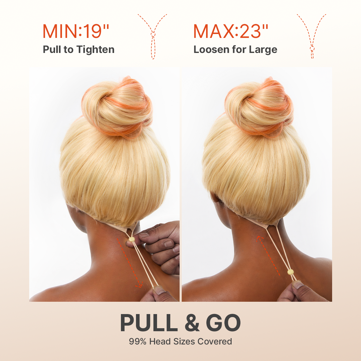 Luvme Hair blonde to ginger ombre body wave lace front wig with pre-cut lace, ear-to-ear 13x4 HD lace, and adjustable flexi-fit cap
