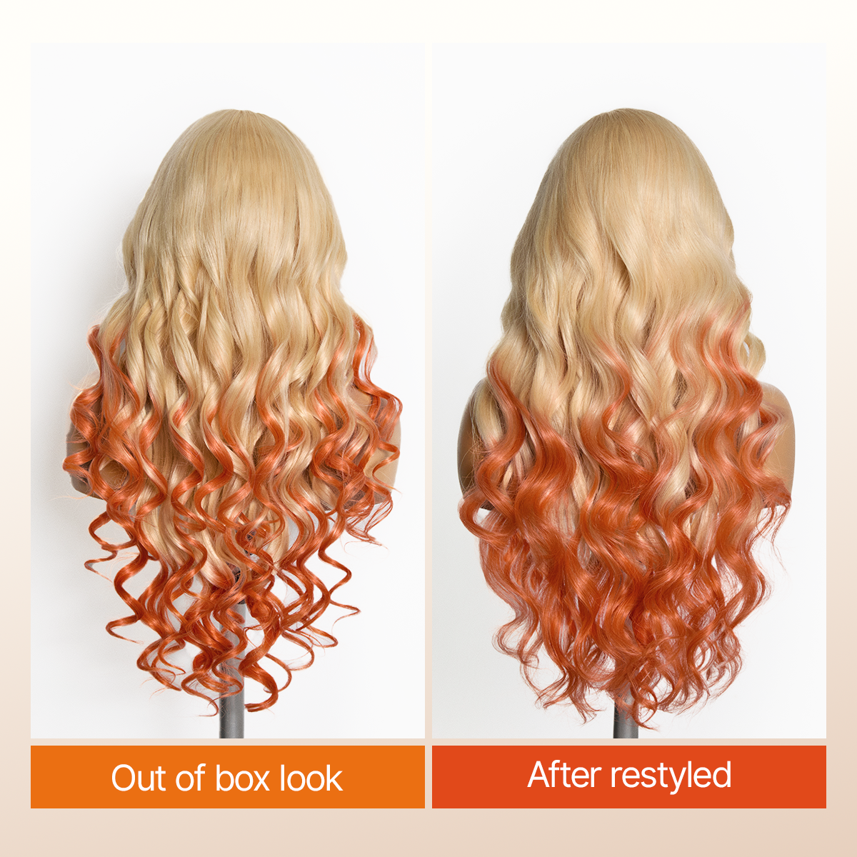 Luvme Hair blonde to ginger ombre body wave lace front wig with glueless ear-to-ear 13x4 HD lace, pre-cut lace, and adjustable drawstring cap