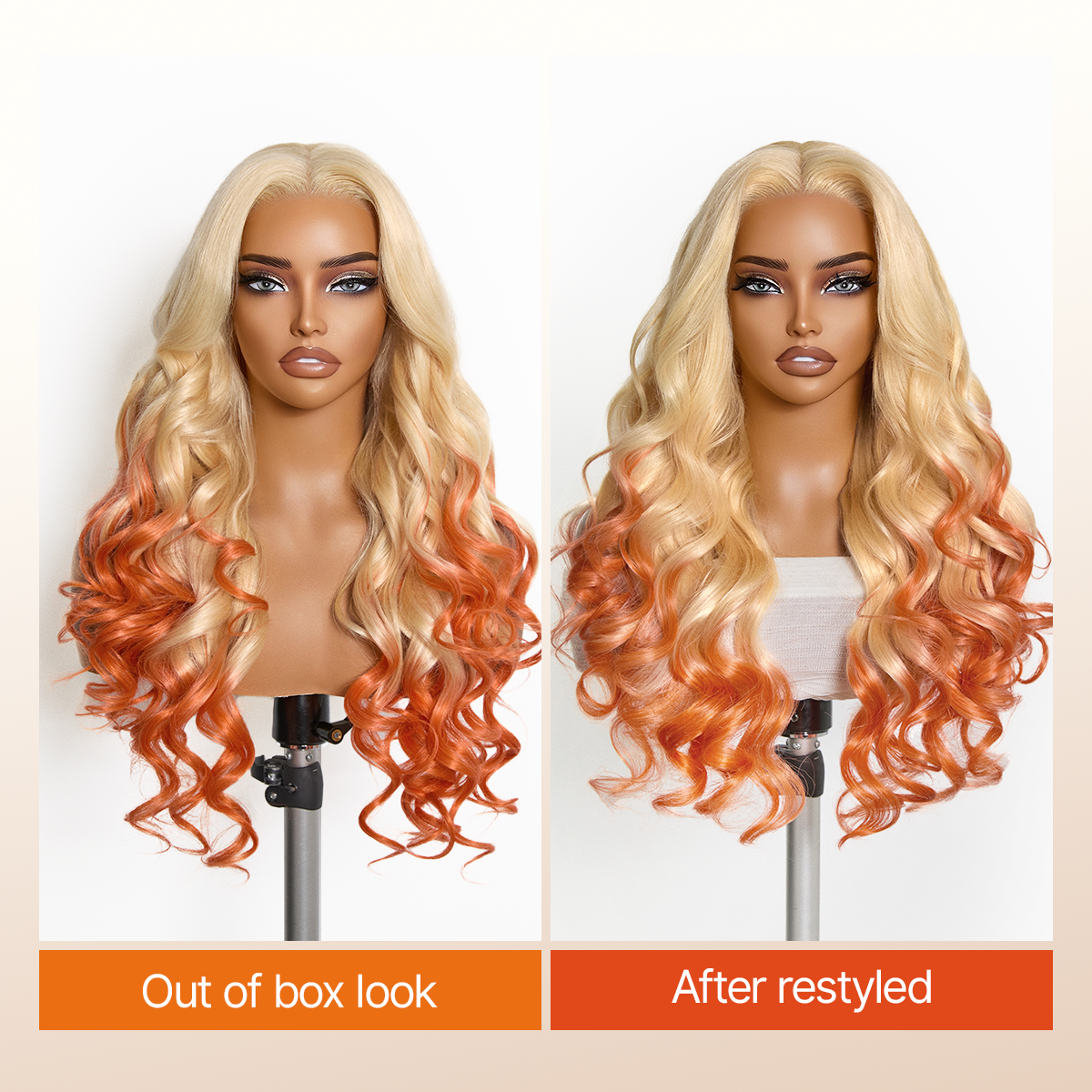 Luvme Hair 613 Blonde to Ginger Ombre Body Wave lace front wig with glueless ear-to-ear 13x4 HD lace and adjustable drawstring cap