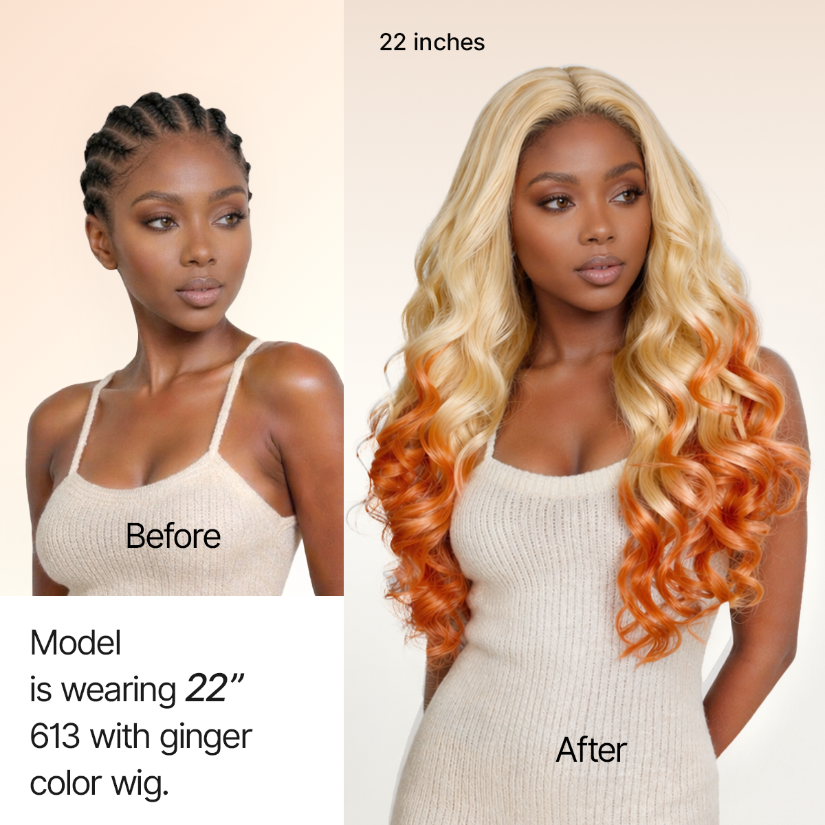 Luvme Hair 613 blonde to ginger ombre body wave lace front wig with pre-cut lace, glueless ear-to-ear style, flexible drawstring cap