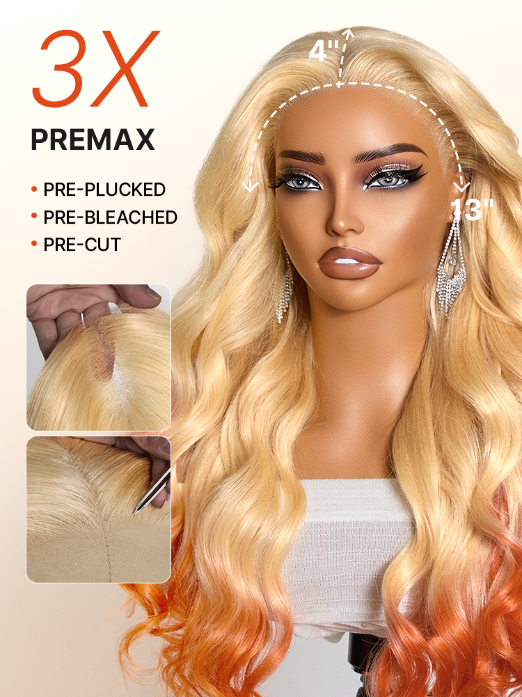 613 Blonde to Ginger Ombre Body Wave Glueless Ear-to-ear 13x4 HD Lace Front Wig Pre-Cut Lace Flexi-Fit Drawstring Cap-14