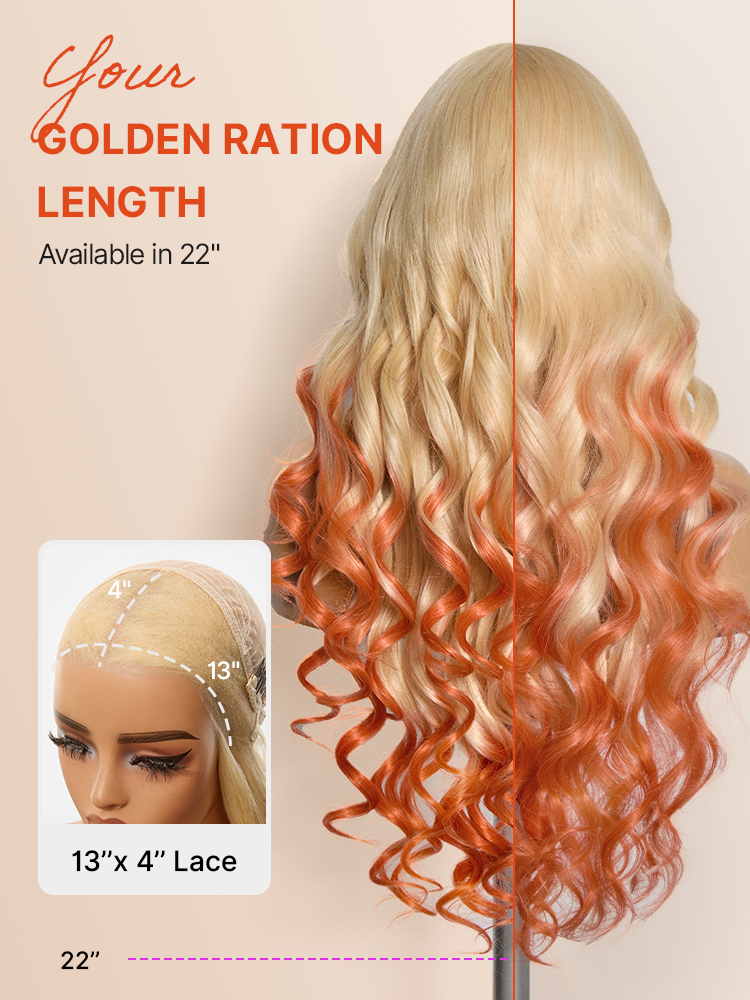 613 Blonde to Ginger Ombre Body Wave Glueless Ear-to-ear 13x4 HD Lace Front Wig Pre-Cut Lace Flexi-Fit Drawstring Cap-18