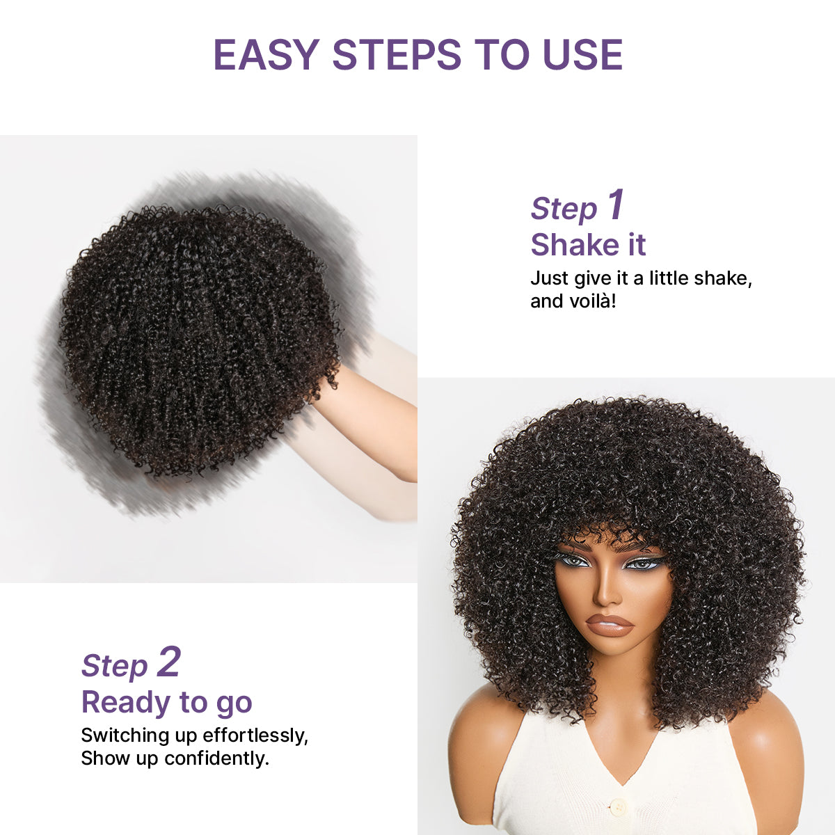 Throw On & Go 200% Density Natural Black Afro Curly No Lace Glueless Short Wig-07