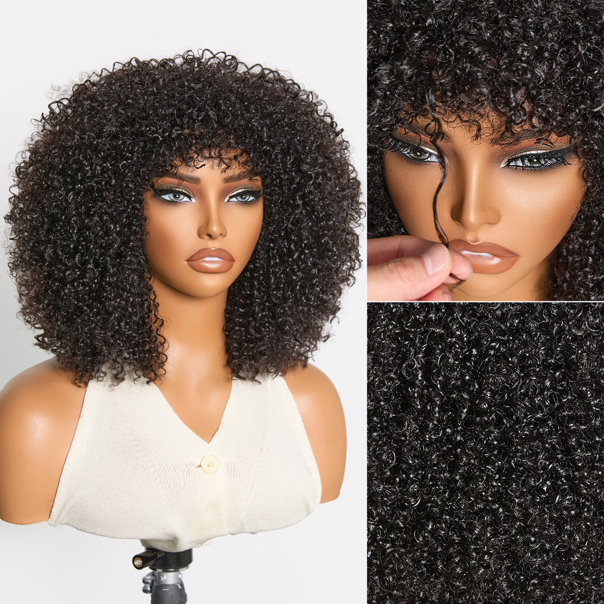 Throw On & Go 200% Density Natural Black Afro Curly No Lace Glueless Short Wig-01