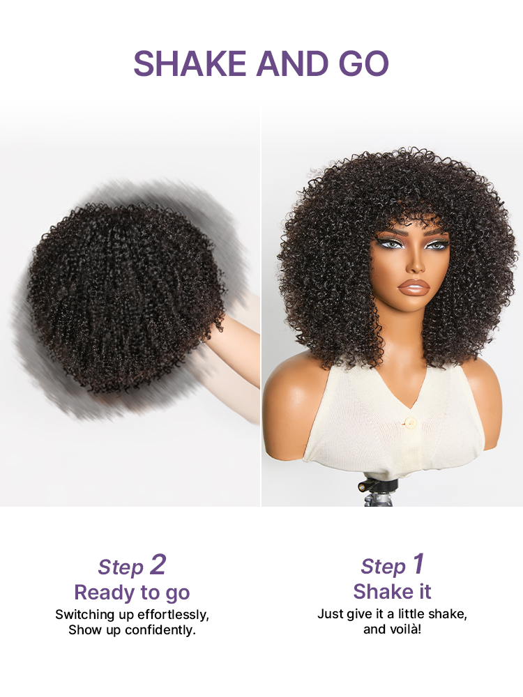 Throw On & Go 200% Density Natural Black Afro Curly No Lace Glueless Short Wig-17