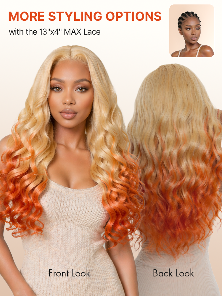 613 Blonde to Ginger Ombre Body Wave Glueless Ear-to-ear 13x4 HD Lace Front Wig Pre-Cut Lace Flexi-Fit Drawstring Cap-22