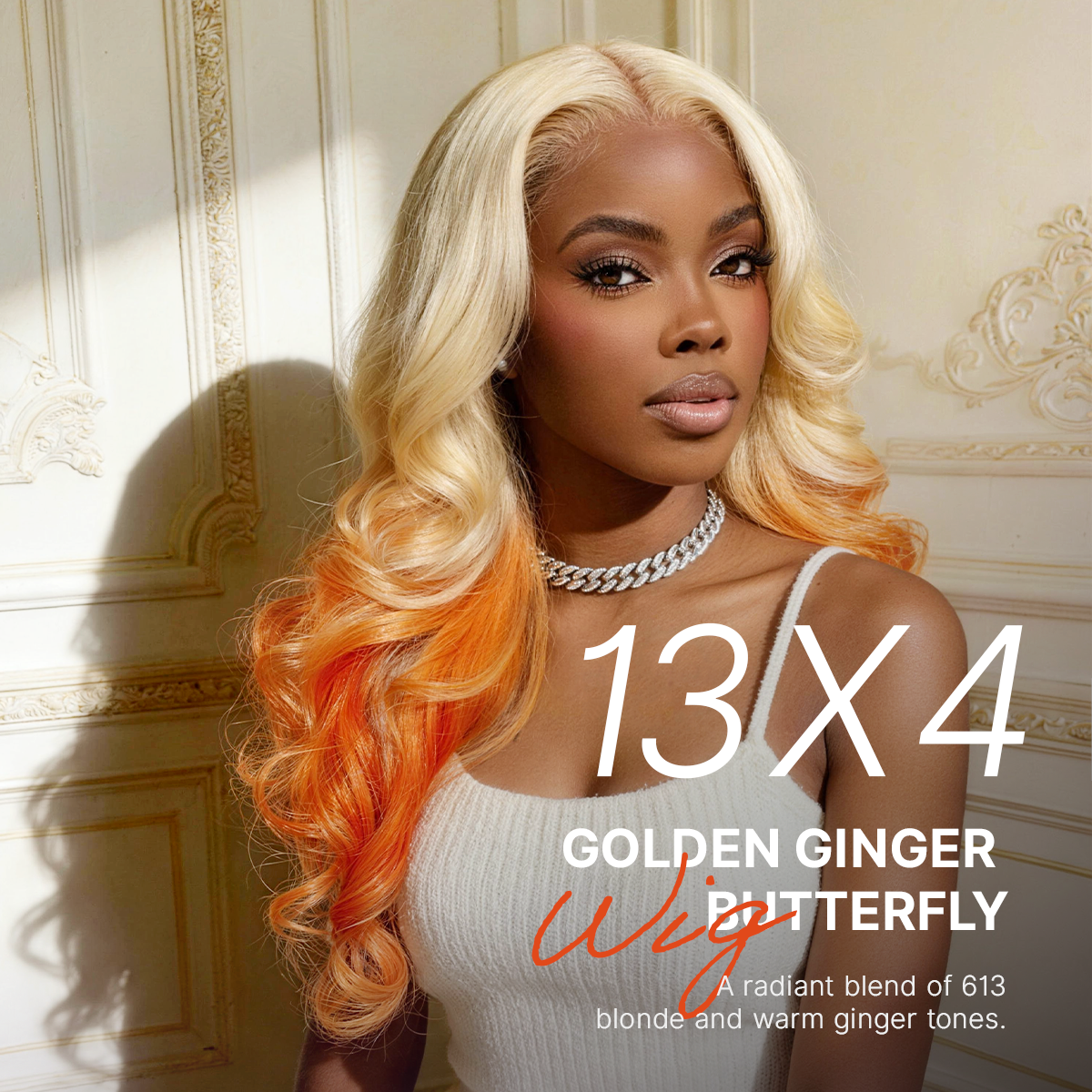 Luvme Hair 613 blonde to ginger ombre body wave lace front wig with pre-cut lace, glueless ear-to-ear cap, and adjustable drawstring