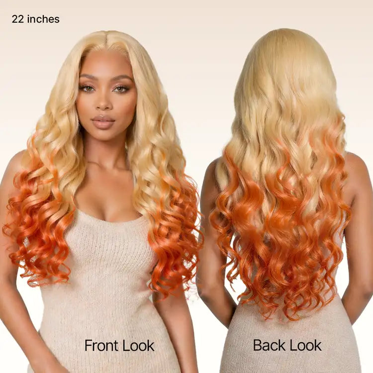 Luvme Hair 613 Blonde to Ginger Ombre Body Wave lace front wig with glueless ear-to-ear 13x4 HD lace, pre-cut lace, and adjustable cap