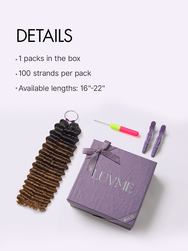Luvme Hair Readitress™ pre-separated feather crochet human hair in ombre brown deep wave style with protective boho braids and free gifts.