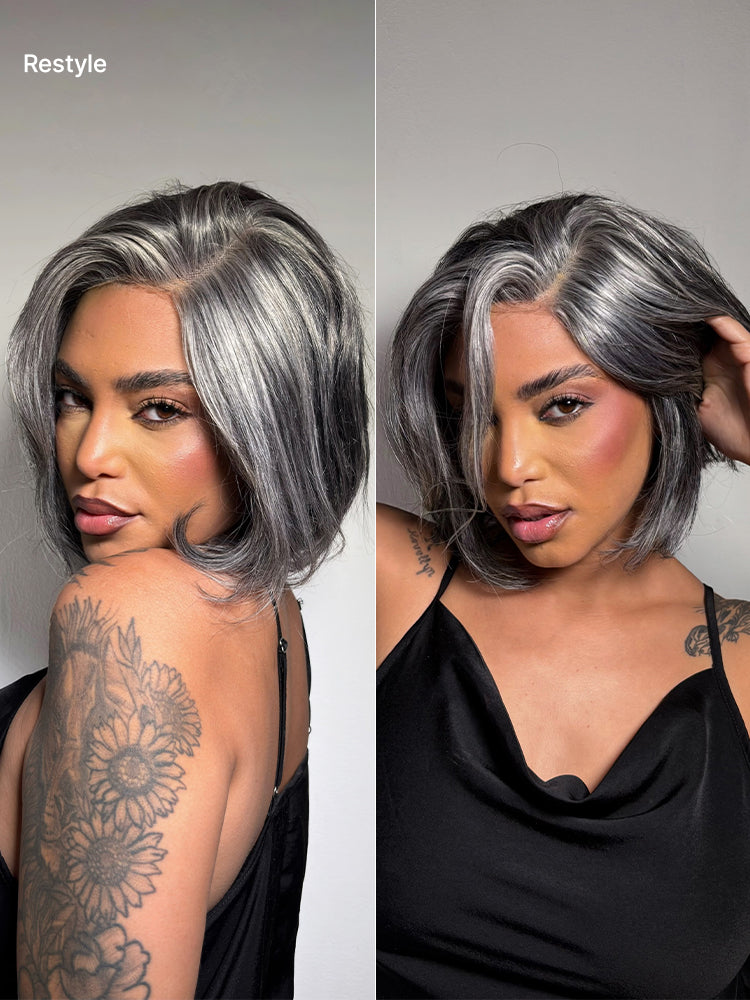 Luvme Hair Boss Vibe salt and pepper layered bob minimalist lace wig with HD lace, glueless, pre-cut, grey color, natural style