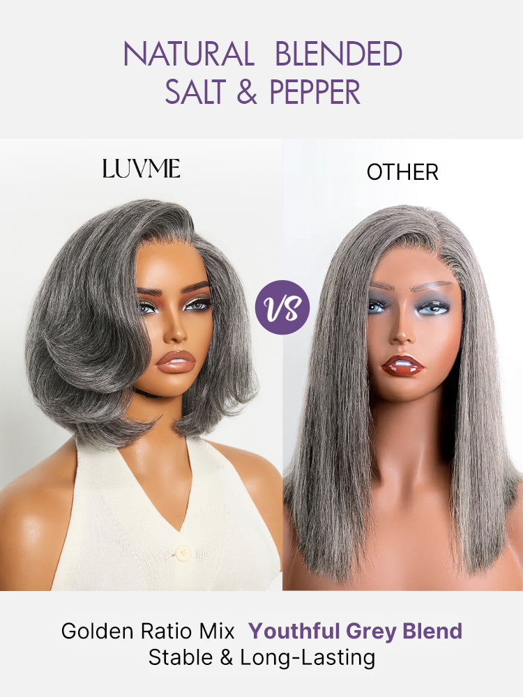 Boss Vibe salt and pepper layered bob lace wig by Luvme Hair, showcasing a minimalist grey HD lace wig with pre-cut style.