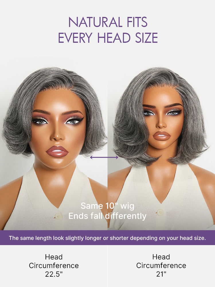 Luvme Hair Boss Vibe salt and pepper layered bob lace wig with a glueless design, minimalistic style, and HD lace in grey.