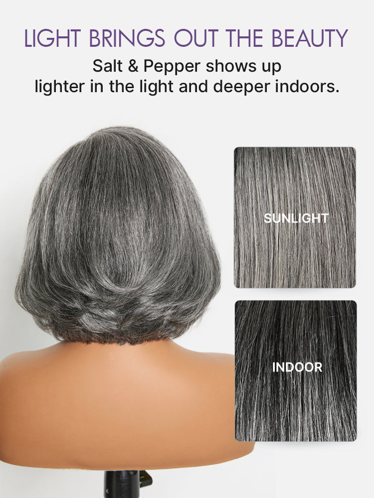Luvme Hair Boss Vibe salt and pepper layered bob minimalist lace wig with HD lace and glueless pre-cut design, grey color.