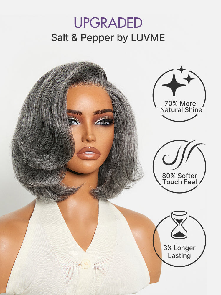 Luvme Hair Boss Vibe salt and pepper layered bob lace wig with minimalist HD lace, grey color, glueless pre-cut style.