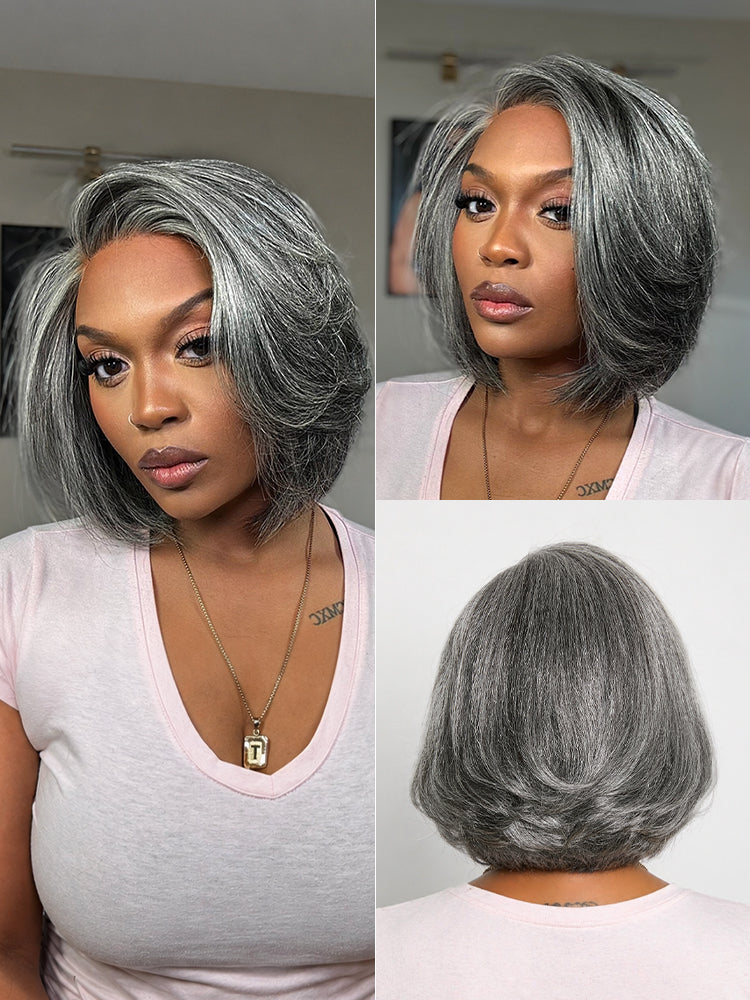 salt and pepper medium layered waves wig with soft grey blend