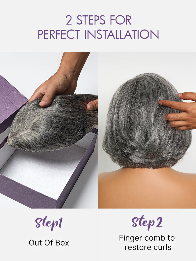 Boss Vibe Salt & Pepper layered bob glueless minimalist lace wig by Luvme Hair, featuring grey HD lace and a sleek, short hairstyle.
