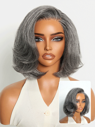 Luvme Hair Boss Vibe salt and pepper layered bob minimalist lace wig with HD lace, grey color, glueless and pre-cut style.