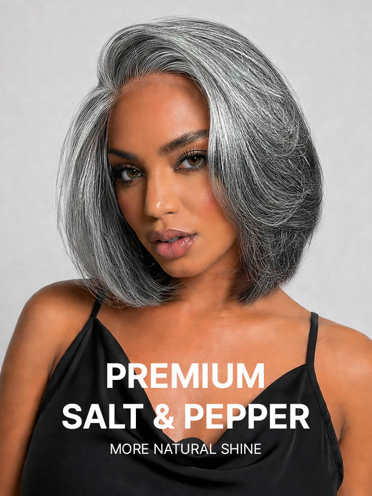 Boss Vibe Salt & Pepper Layered Bob Glueless Pre-Cut Minimalist Lace Grey Wig-49