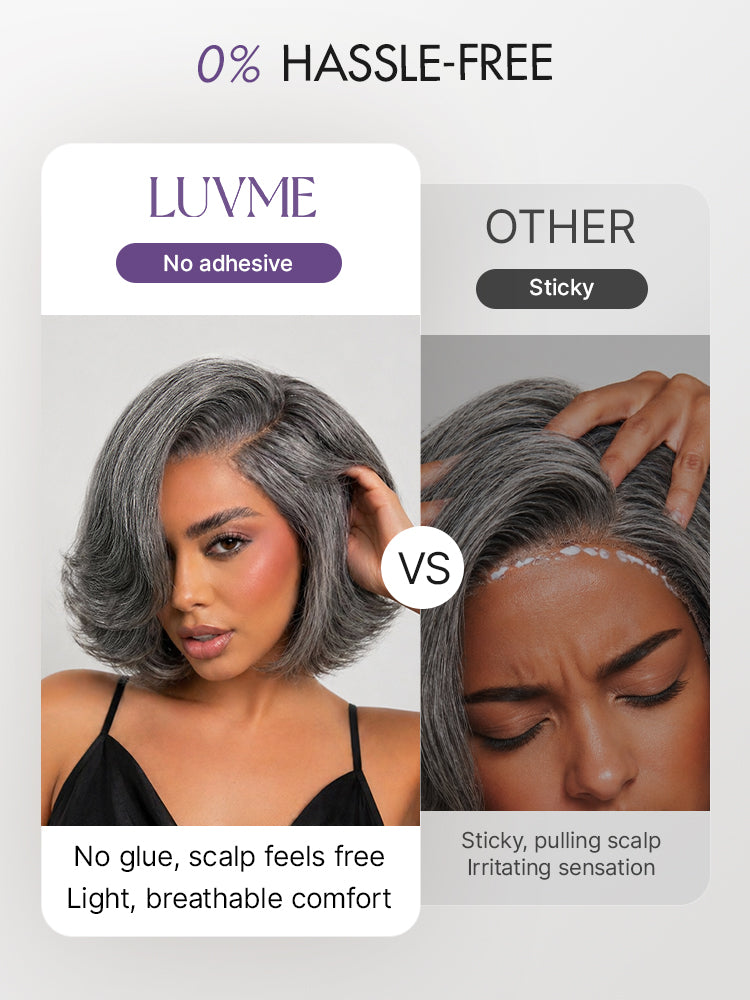 Boss Vibe Salt & Pepper Layered Bob Glueless Pre-Cut Minimalist Lace Grey Wig-52