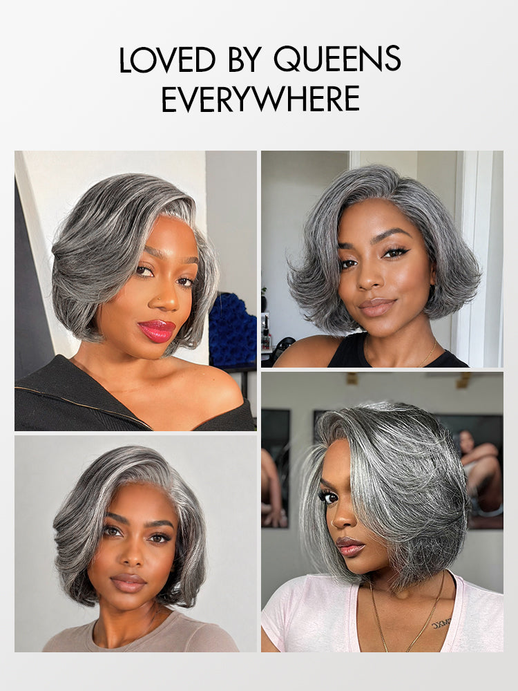 Boss Vibe Salt & Pepper Layered Bob Glueless Pre-Cut Minimalist Lace Grey Wig-55