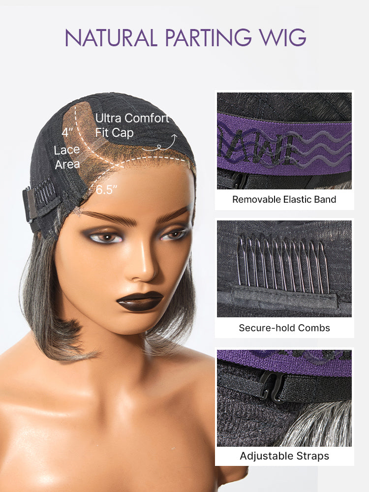Luvme Hair Boss Vibe salt and pepper layered bob lace wig with HD lace, minimalistic style, glueless pre-cut grey wig.