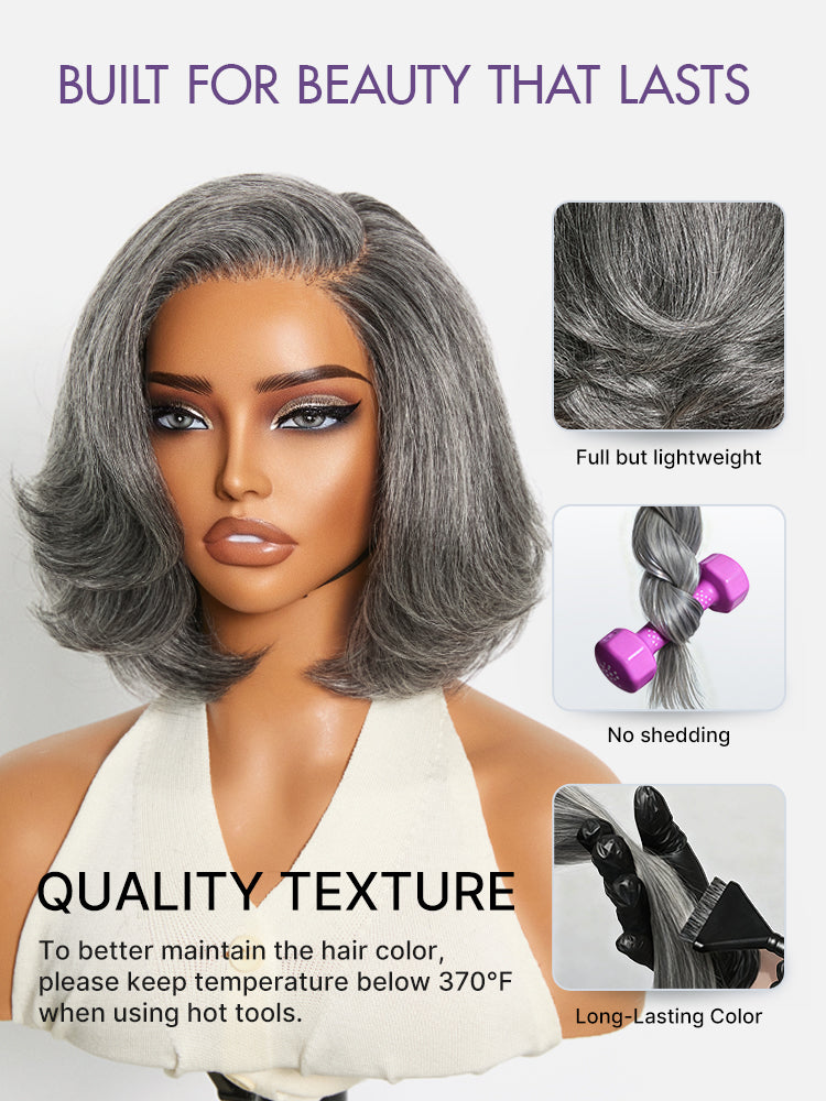 Luvme Hair Boss Vibe salt and pepper layered bob minimalist lace wig with grey color and HD lace, pre-cut and glueless.