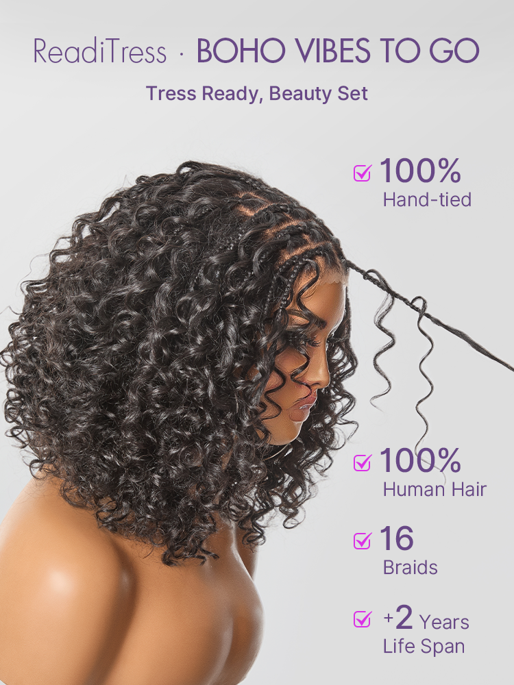 Luvme Hair Readitress™ Boho Braids deep curly glueless 5x5 lace closure wig with braided top, human hair, pre-cut lace.