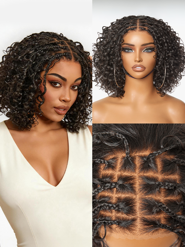 Readitress™ Boho Braids Deep Curly Glueless 5x5 Closure Lace with Braided Top Human Hair Wig Pre-Cut Lace-112