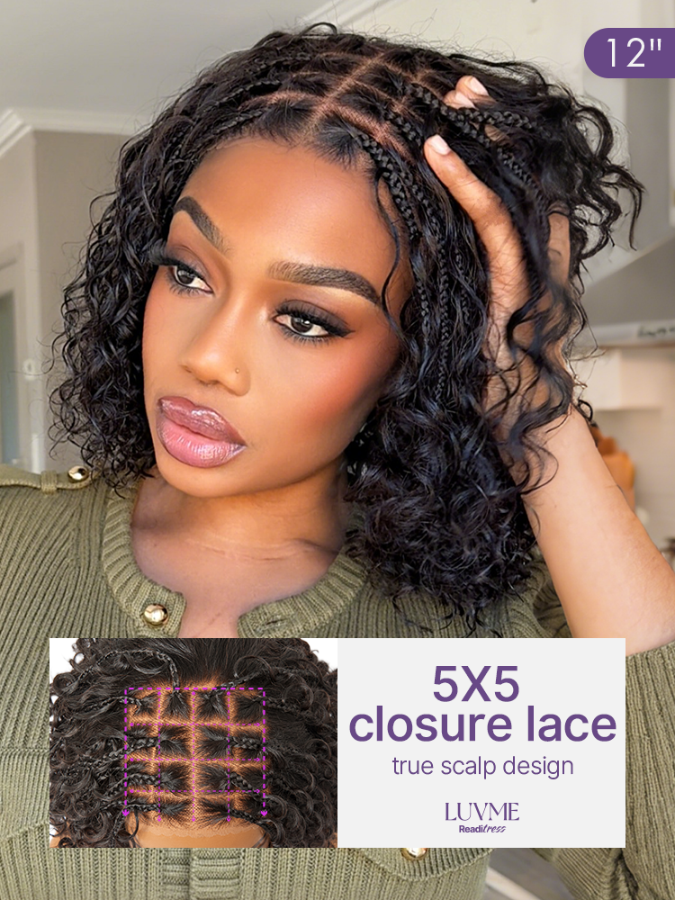 Luvme Hair Readitress Boho Braids deep curly human hair wig with 5x5 lace closure and braided top, pre-cut lace for easy wear