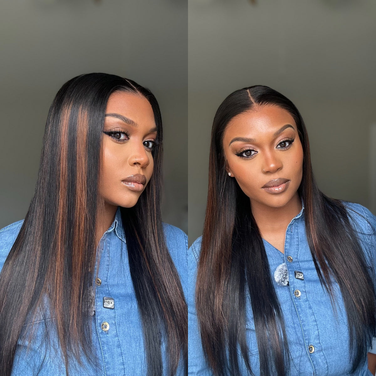 Long silky straight pre-made lace wig with brown highlights, natural hairline, 13x4 frontal, glueless, from VIP ONLY by Luvme Hair