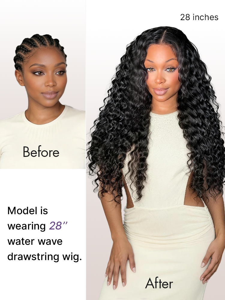Luvme Hair PreMax water wave lace wig with 13x4 frontal, flexible drawstring, fluffy curly style, suitable for ponytails and updos.