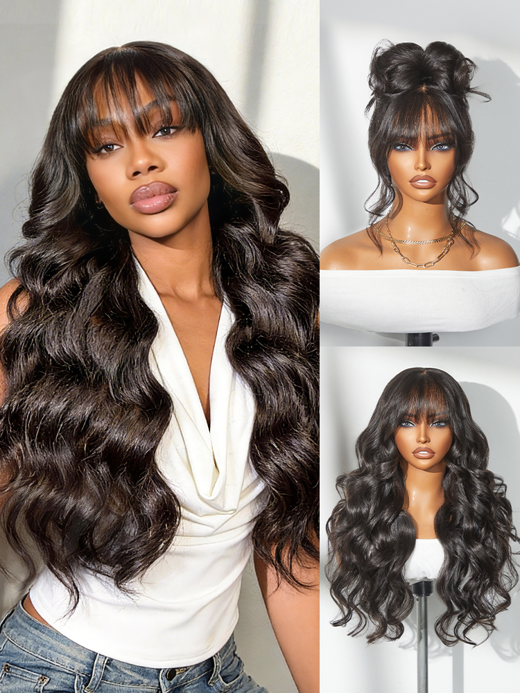 Luvme Hair All-Day Comfort™ loose body wave HD lace human hair wig with 7x6 closure, bangs, and pre-cut lace, 180% density.