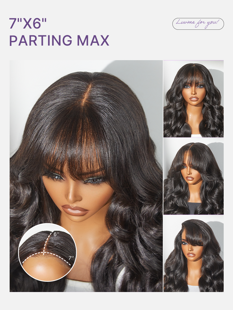 Luvme Hair All-Day Comfort™ loose body wave human hair wig with 7x6 HD lace closure, bangs, and pre-cut lace for a natural look