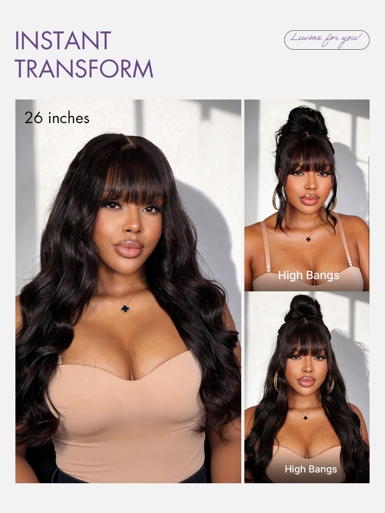 Luvme Hair All-Day Comfort™ wig with loose body wave, 180% density, glueless 7x6 HD lace closure with bangs, human hair.