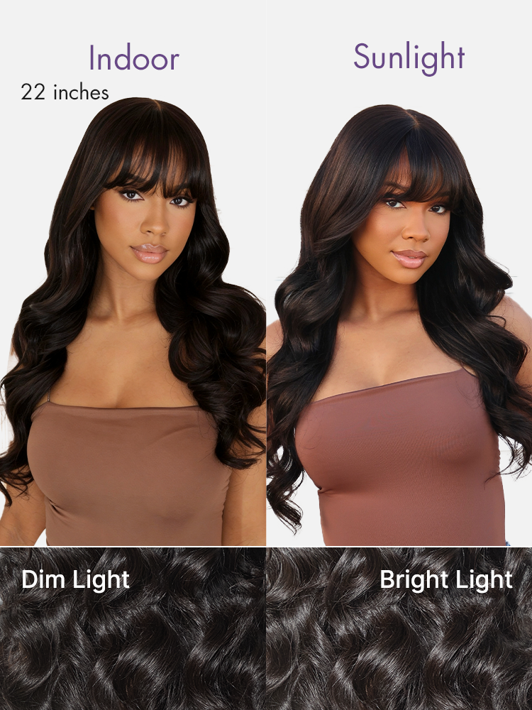 Luvme All-Day Comfort™ 7x6 HD lace human hair wig with loose body wave, bangs, and pre-cut lace, showcasing natural waves and closure.