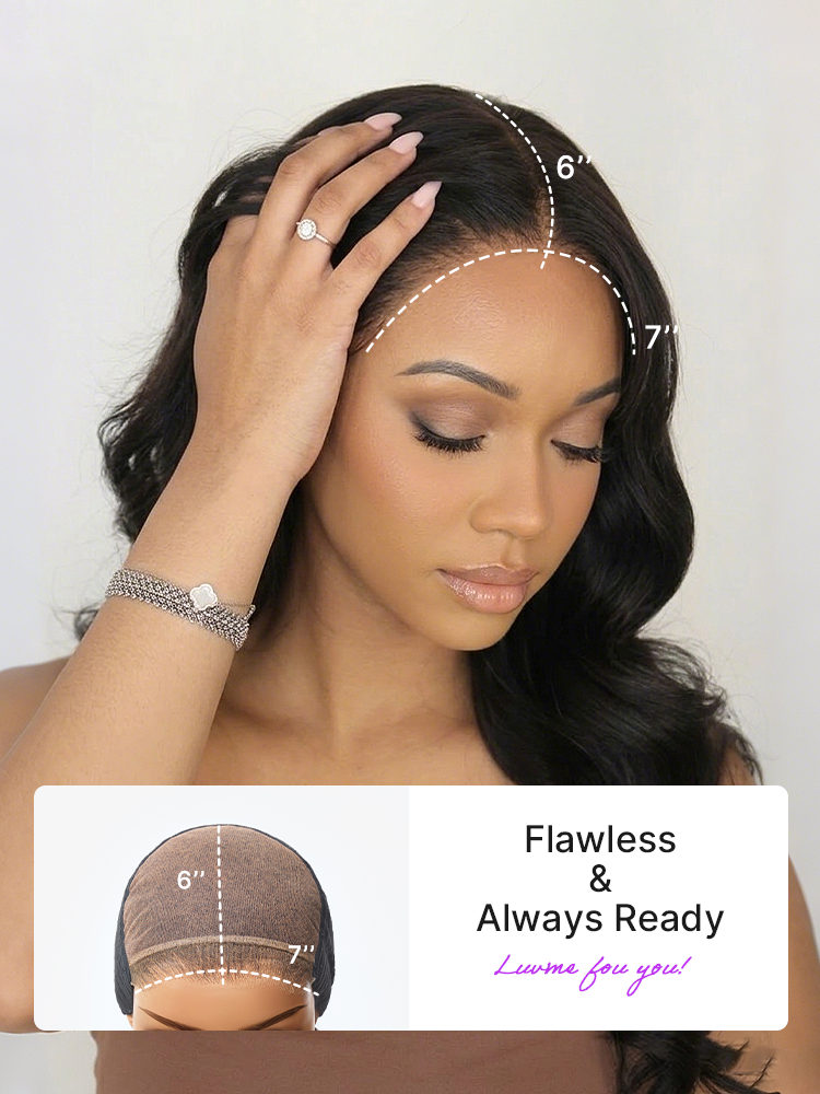 Luvme Hair All-Day Comfort™ human hair wig with loose body wave, 7x6 closure, HD lace, bangs, and pre-cut lace for a natural look.