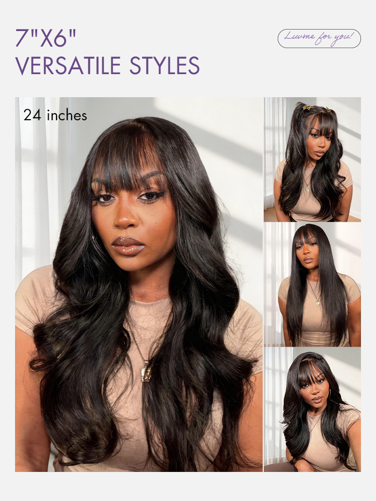 Luvme Hair All-Day Comfort™ human hair wig with loose body wave, 7x6 HD lace closure, bangs, and natural hair texture.