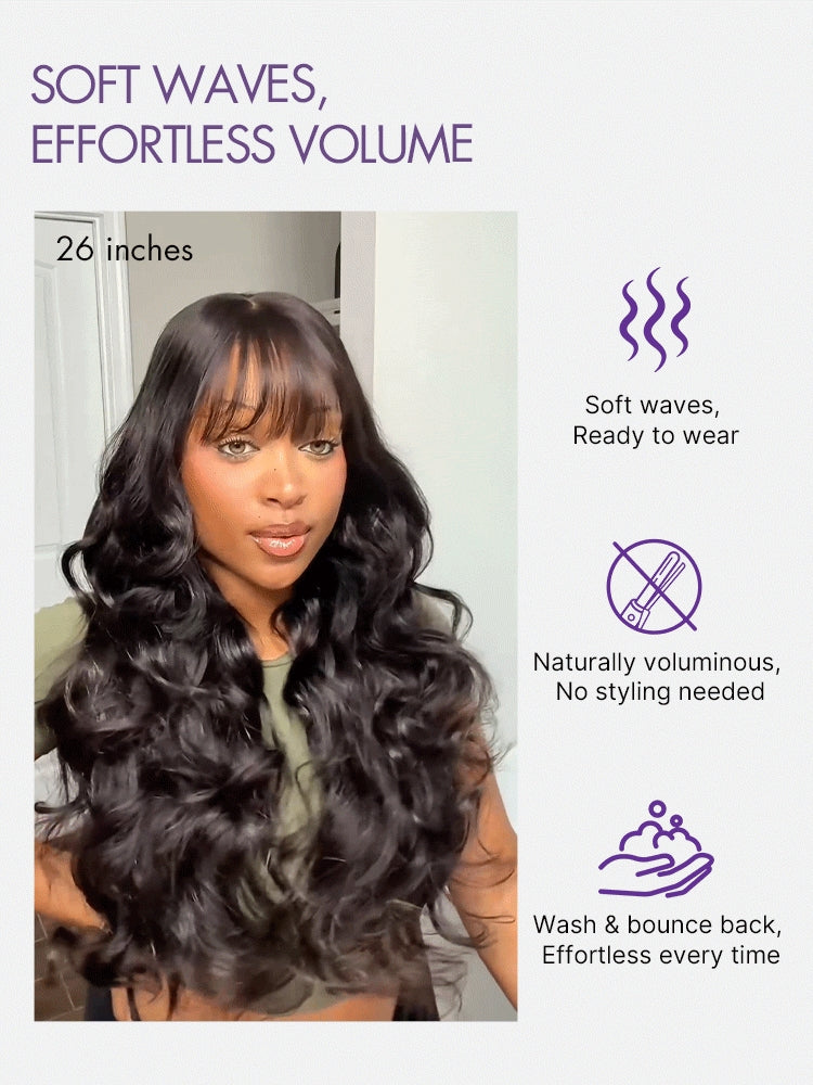 Luvme Hair All-Day Comfort™ loose body wave human hair wig with 7x6 HD lace closure, bangs, and pre-cut lace, 180% density.