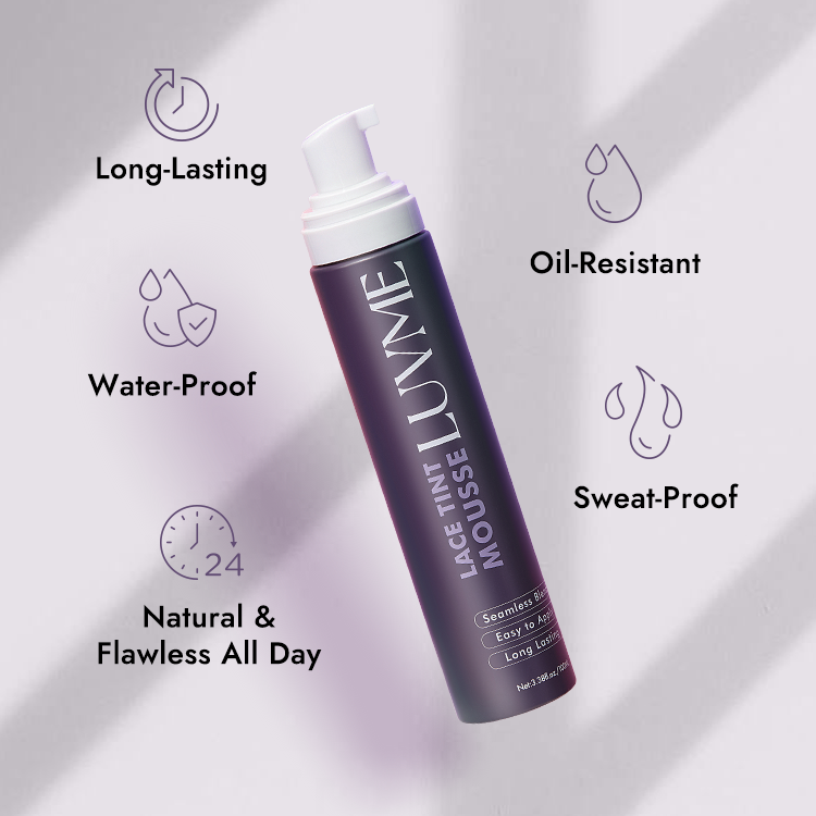 Light brown lace tint mousse for wig melt and everyday wig perfume by Luvme Hair, shown in a sleek bottle with applicator.