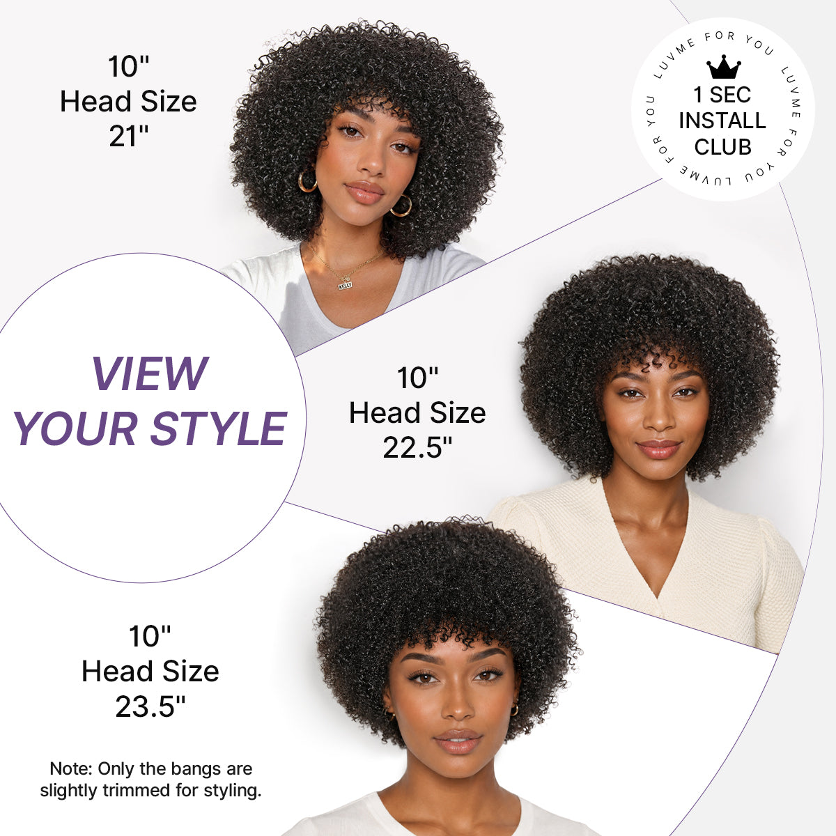 Luvme Hair black afro curly short wig with no lace, glueless design, 200% density, natural look, ready to wear.